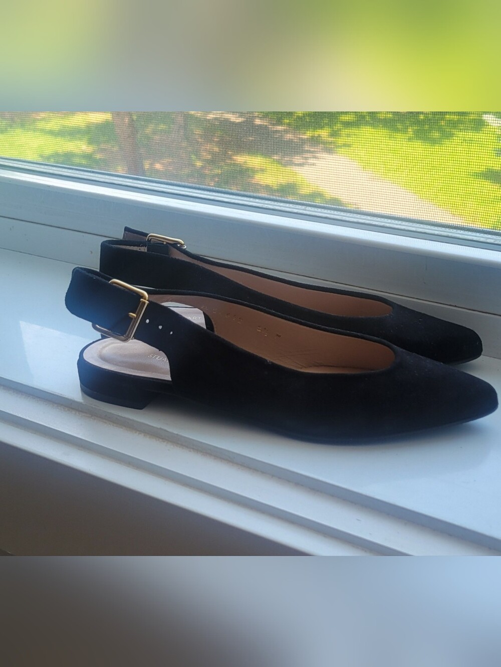 Stuart W -  Black Suede Slingback Flats with Gold Buckle